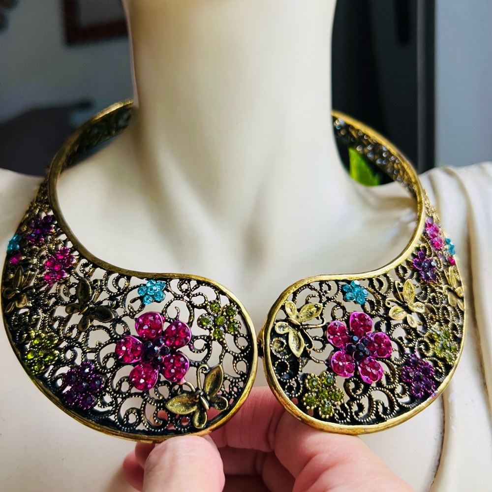 Ornate Pink and Blue Bib Collar Necklace with Intricate Metalwork
